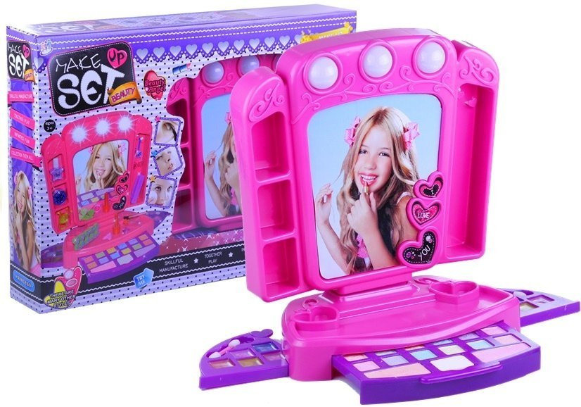 Rózsaszín-lila világító sminkasztal kozmetikumokkal