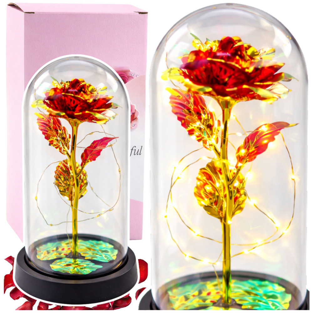 Piros örökrózsa búra alatt LED-fénnyel, 21 × 11 cm