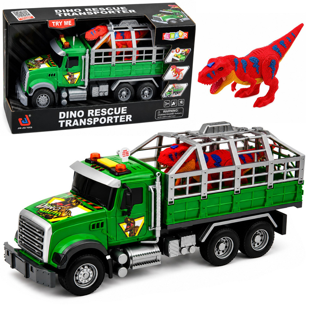 Dinoszauruszszállító teherautó ketreccel és T-Rex figurával, fénnyel és hanggal, 1:12