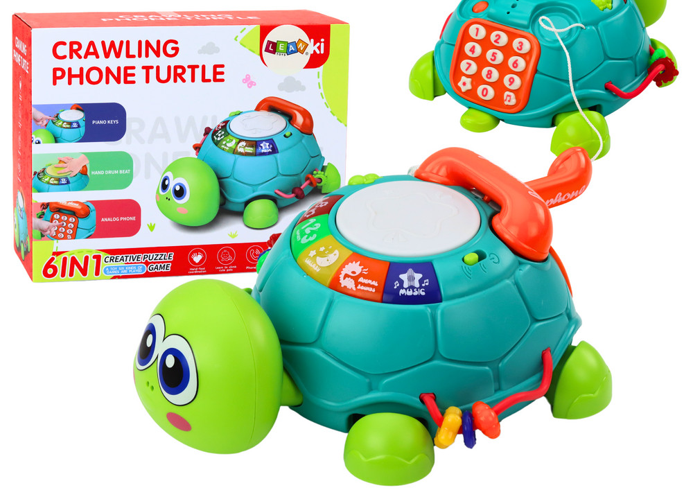 Zöld interaktív teknős telefon 6 az 1-ben, fénnyel és hanggal
