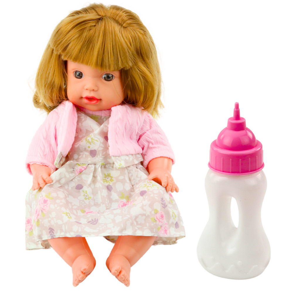 Hangot adó bébibaba púderrózsaszín ruhában, cumisüveggel, 30 cm