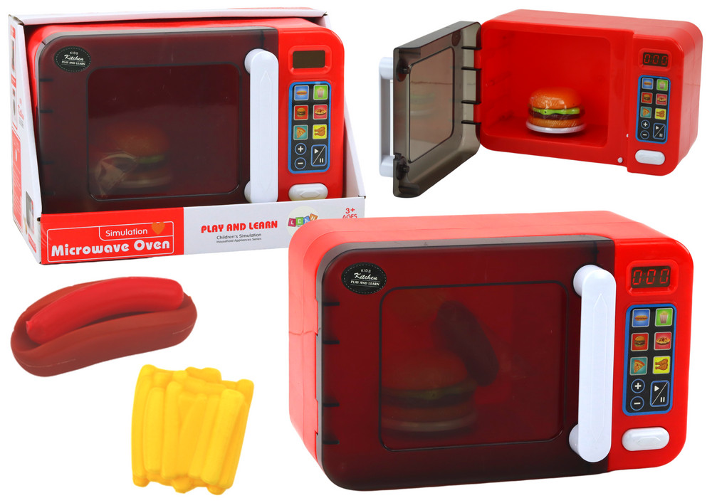 Piros játék mikrohullámú sütő hamburgerrel és hot doggal