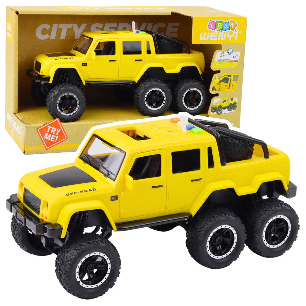 Sárga 6×6 tereppickup fénnyel és hanggal – 1:16