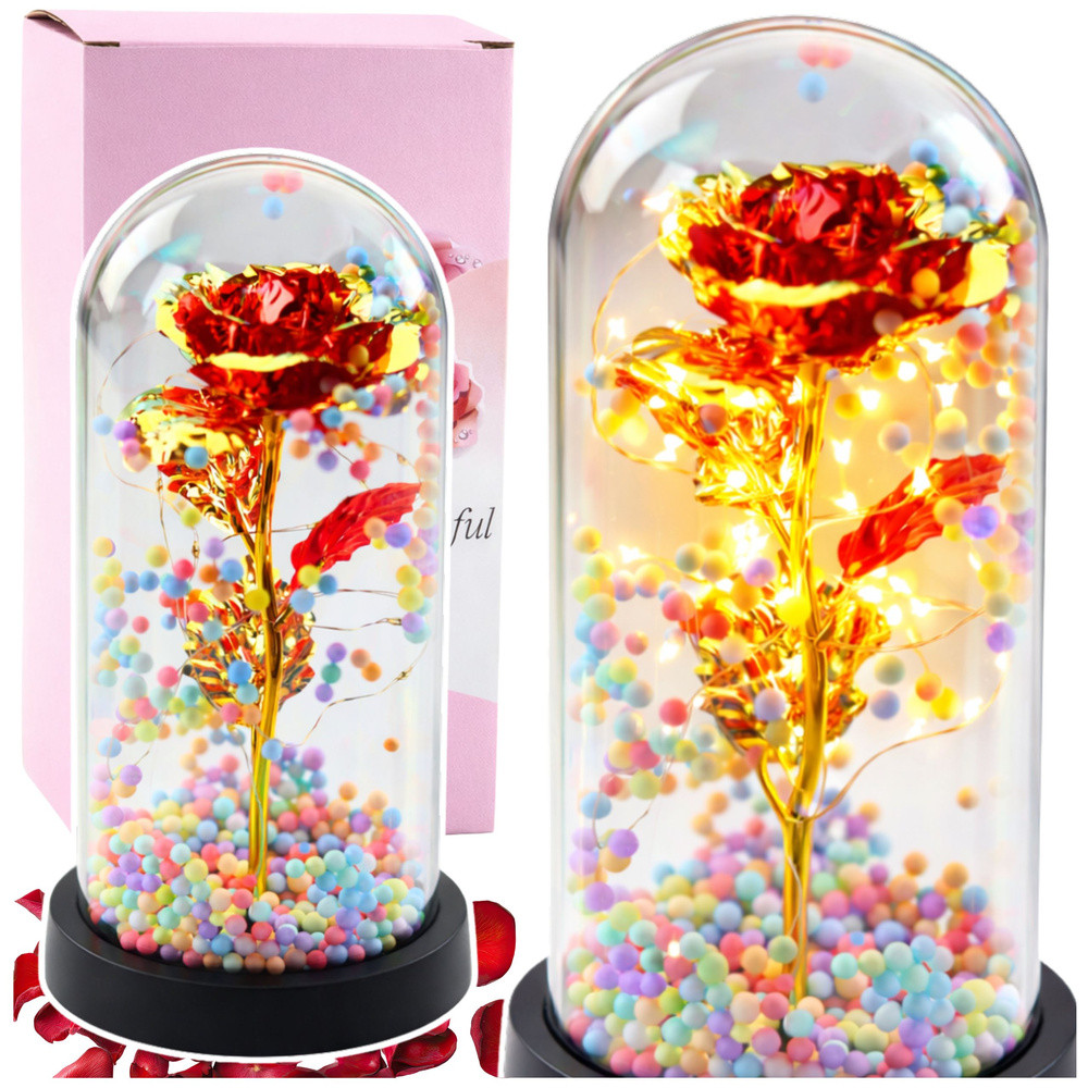 Piros örökrózsa színes díszgömbökkel búra alatt LED-fénnyel, 21 × 11 cm