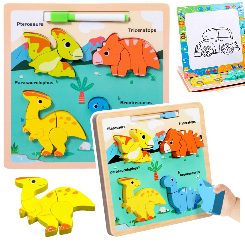 Dinoszauruszos fa kirakó és rajztábla filccel