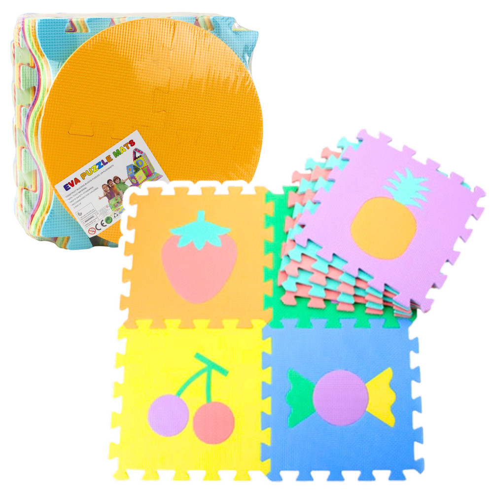 Puha EVA puzzle játszószőnyeg, gyümölcsös és édességes, 16 darab, többszínű