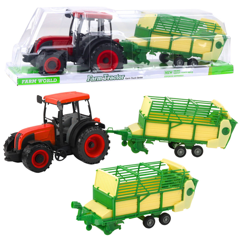 Mezőgazdasági játék traktor zöld-sárga pótkocsival, piros, 50 cm