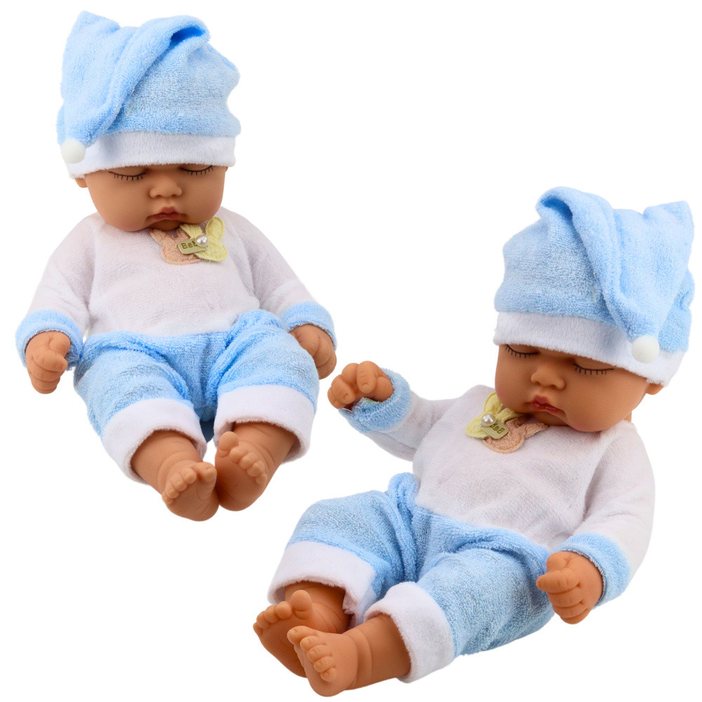 Sleeping Baby Doll in Blue Pajamas Hat with Pompom