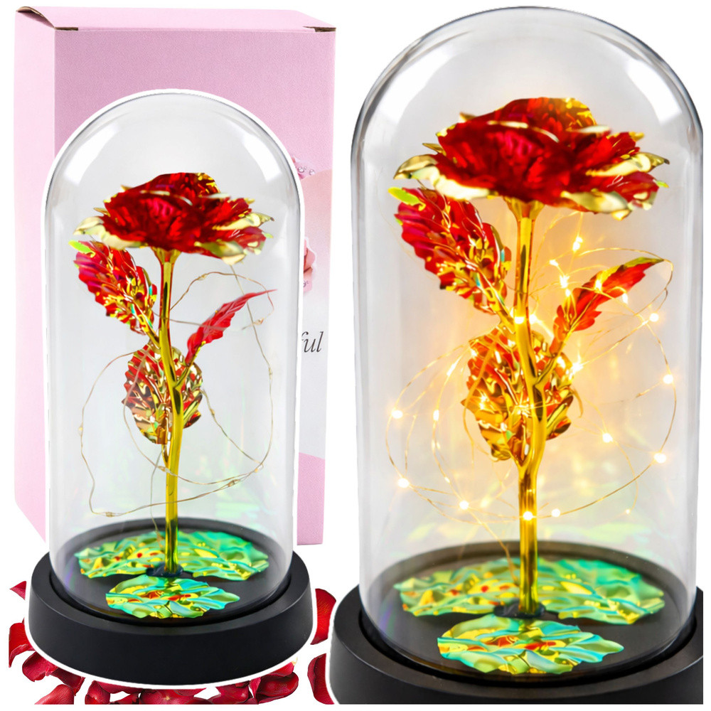 Piros örökrózsa búra alatt LED-fénnyel, 21 × 11 cm