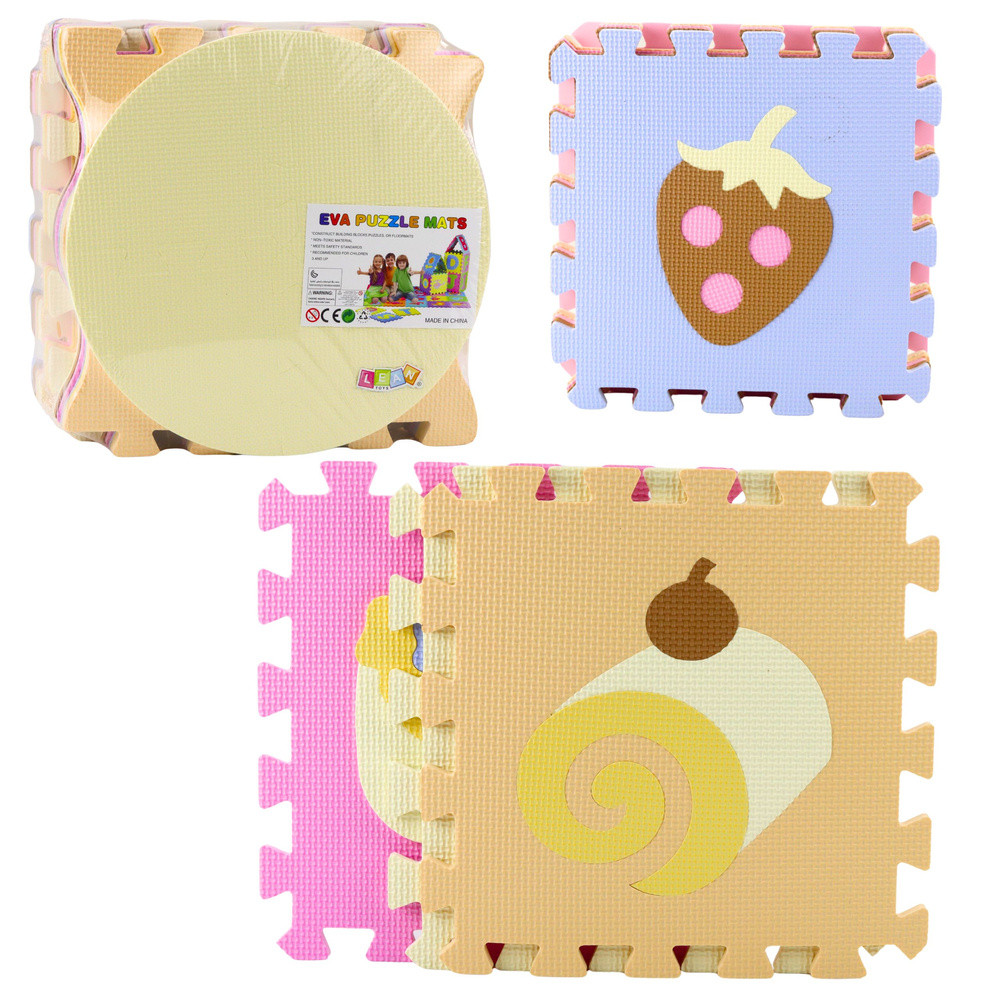 Puha EVA puzzle játszószőnyeg, gyümölcsös és édességes, 16 darab, pasztell