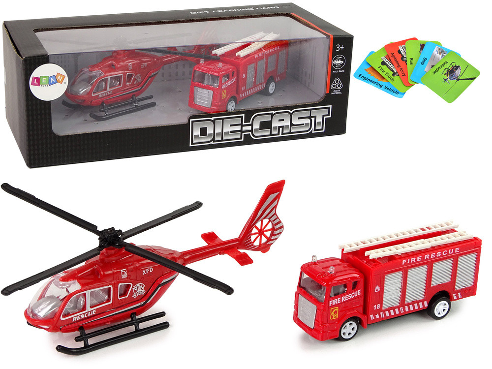 Piros tűzoltóautó és helikopter készlet kártyákkal