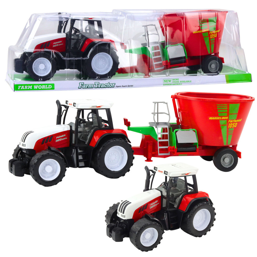 Piros játék traktor takarmánykeverő pótkocsival, 60 cm