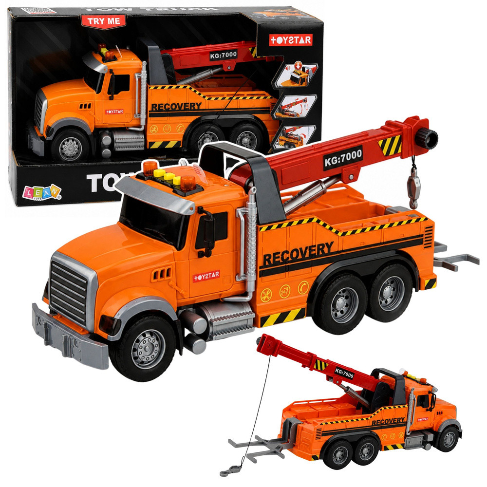 Autómentő darus teherautó horoggal, fénnyel és hanggal, 1:18 – narancssárga