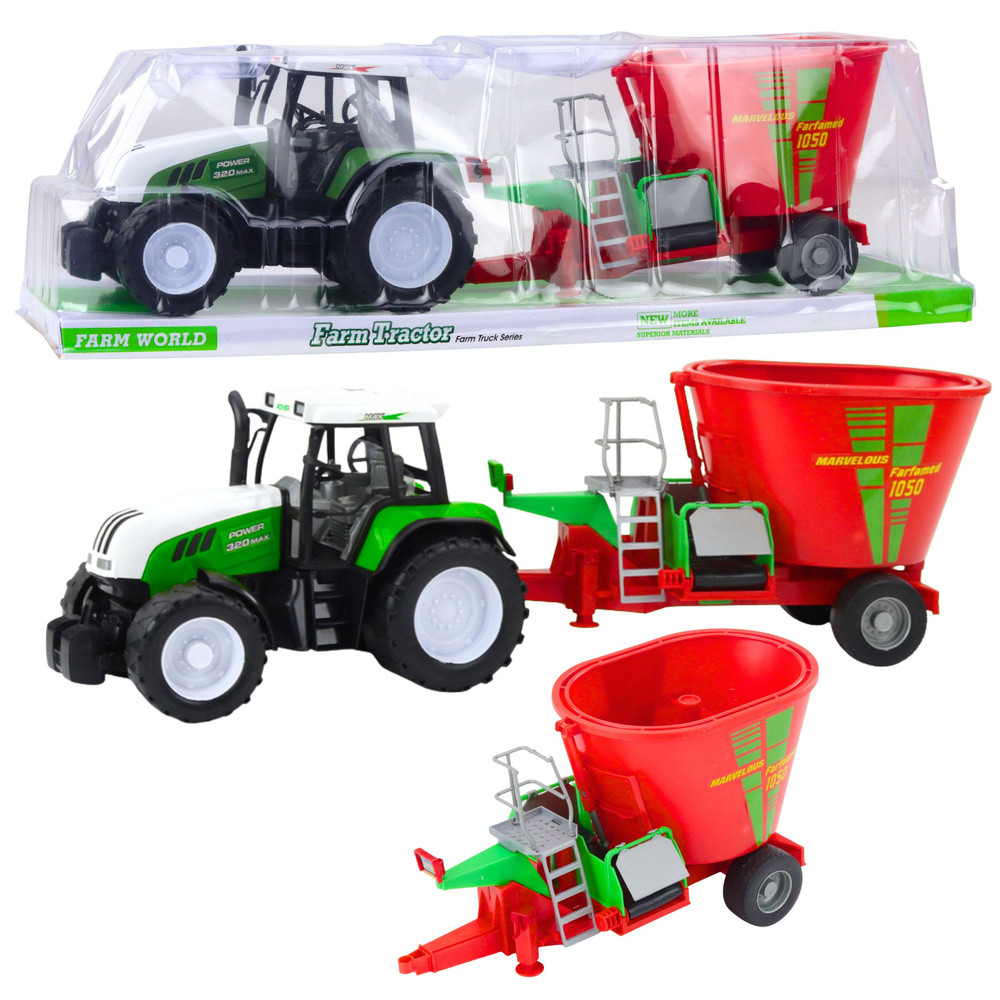 Zöld játék traktor pótkocsis takarmánykeverővel – 50 cm