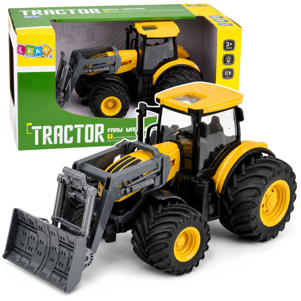 Traktor mozgatható tolólappal – sárga, 1:24