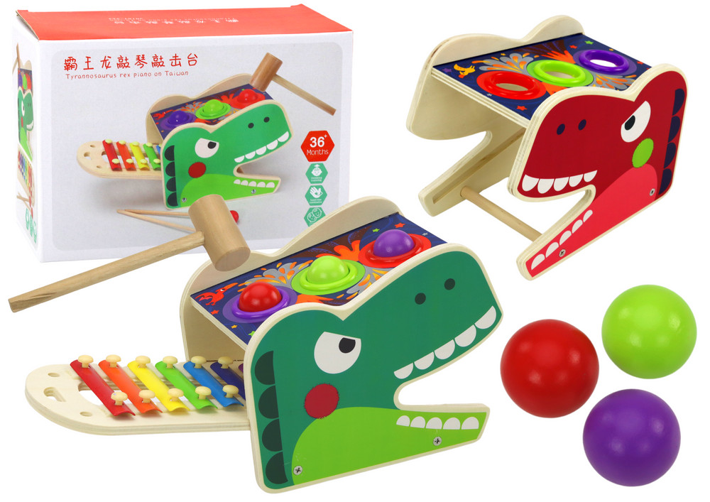 Piros fa dinoszauruszos kalapálós és xilofonos játék, 2 az 1-ben