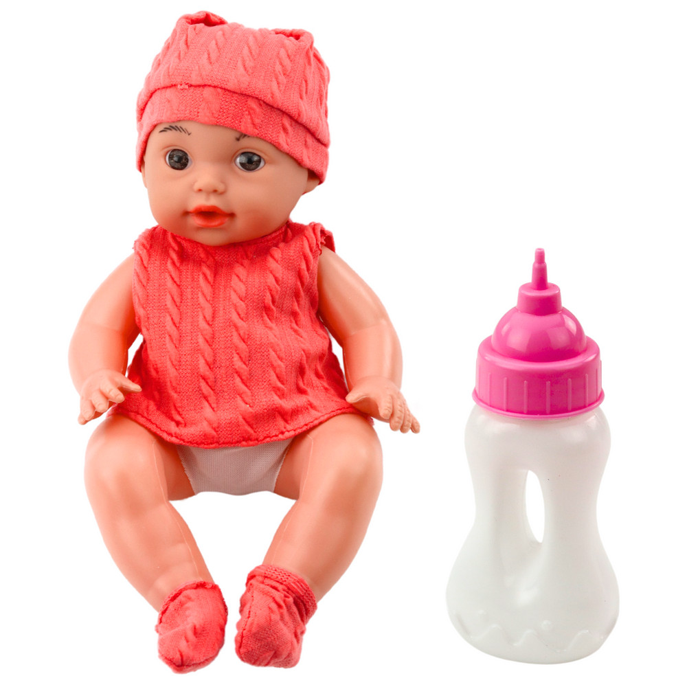 Hangot adó bébibaba élénk rózsaszín ruhában, cumisüveggel, 30 cm