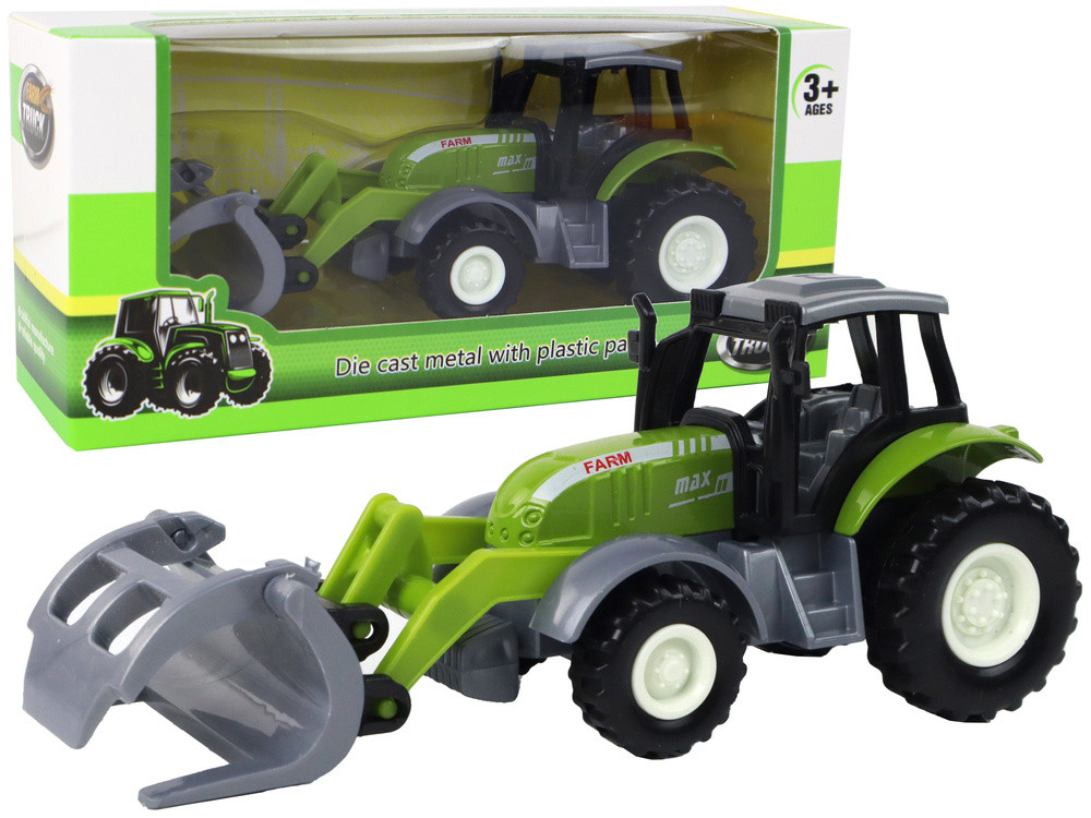 Zöld-szürke játék traktor rönkfogóval