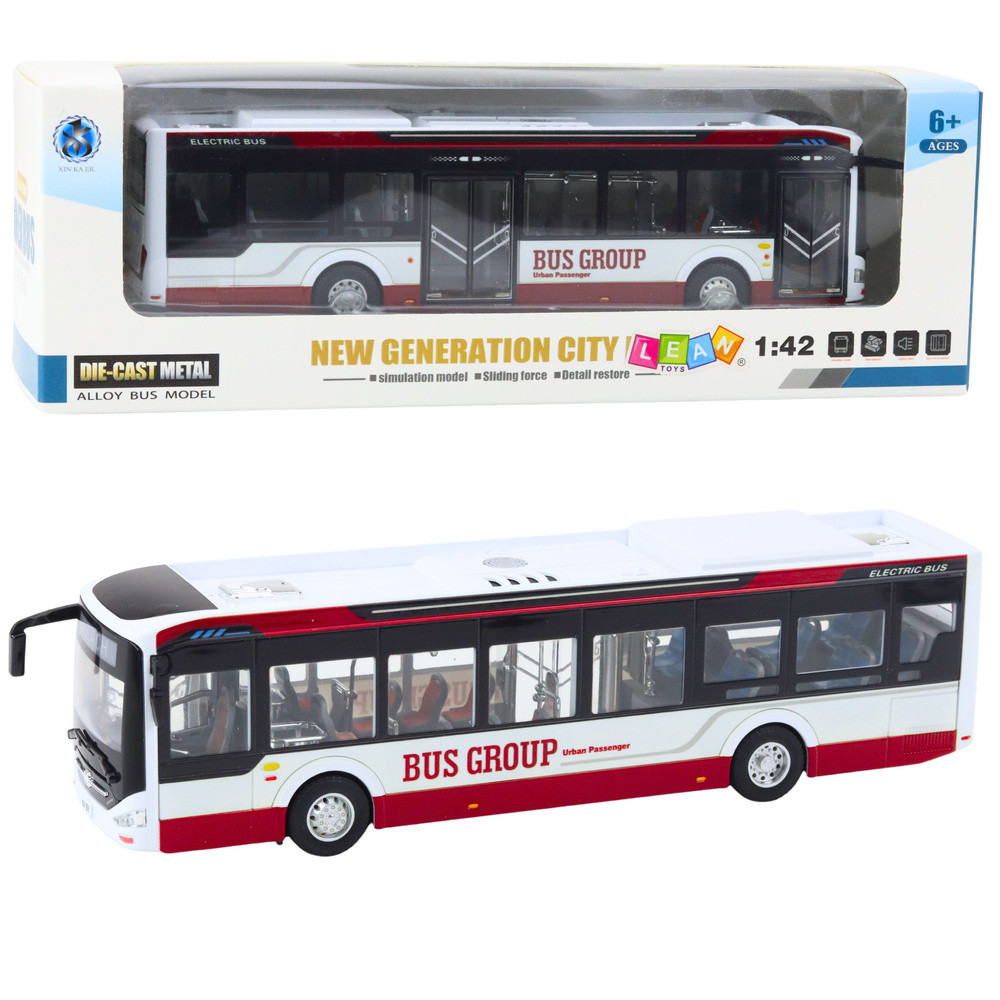 Fém városi játékbusz fénnyel és hanggal, 1:42