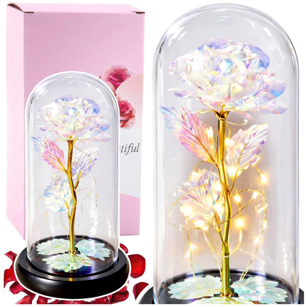 Fehér örökrózsa búra alatt LED-fénnyel, 21 × 11 cm