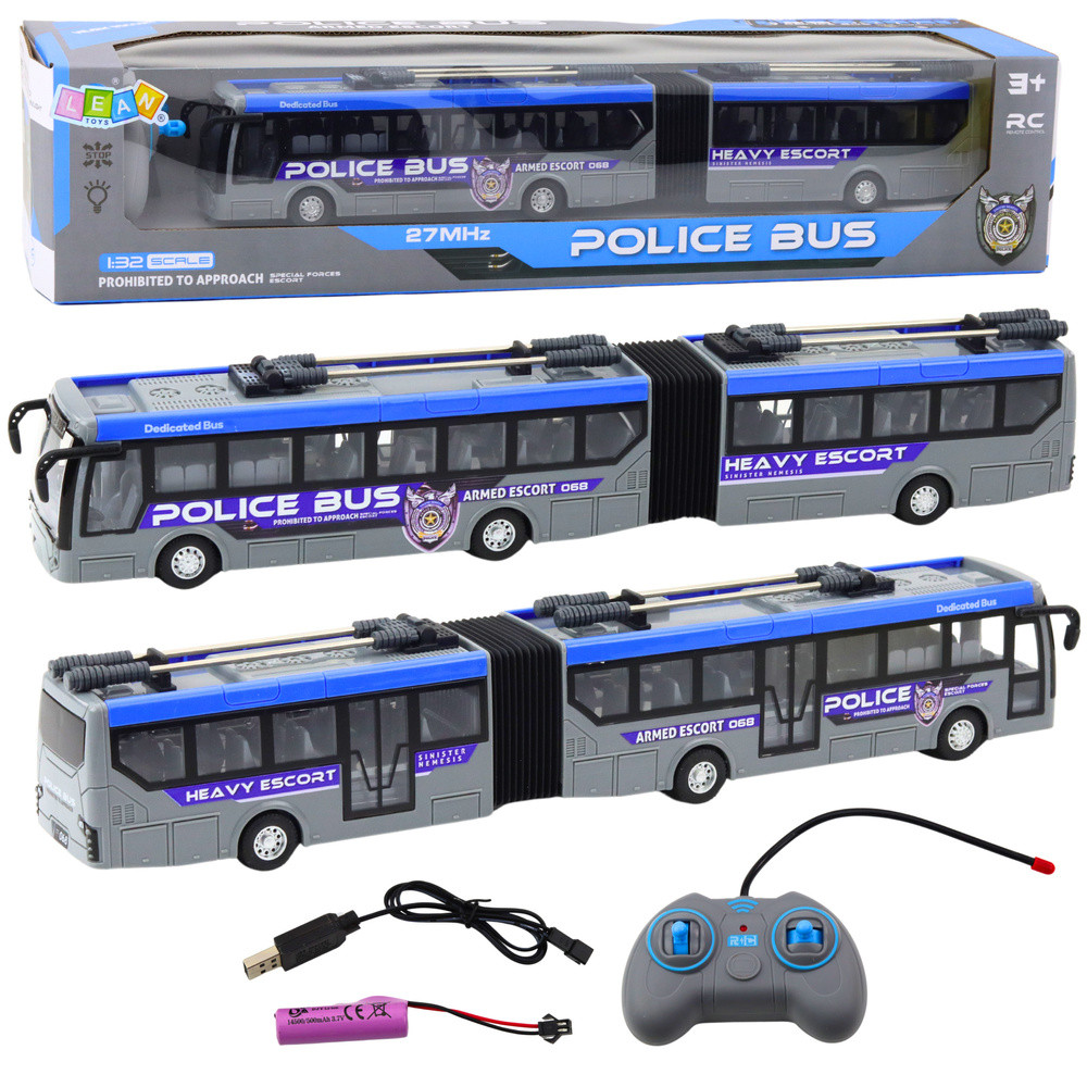 Távirányítós csuklós rendőrbusz LED-fénnyel, 1:32, szürke