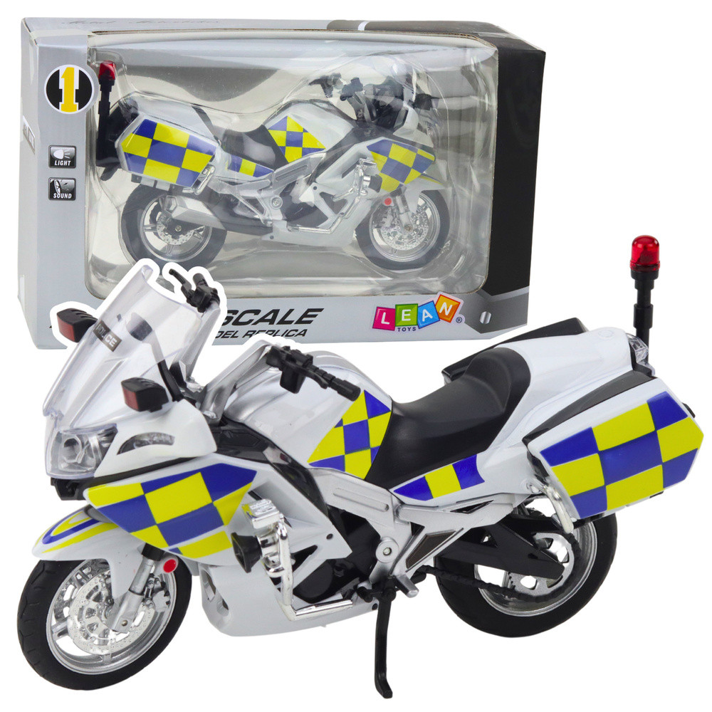 Fém rendőrmotor fénnyel és hanggal, fehér, 1:12