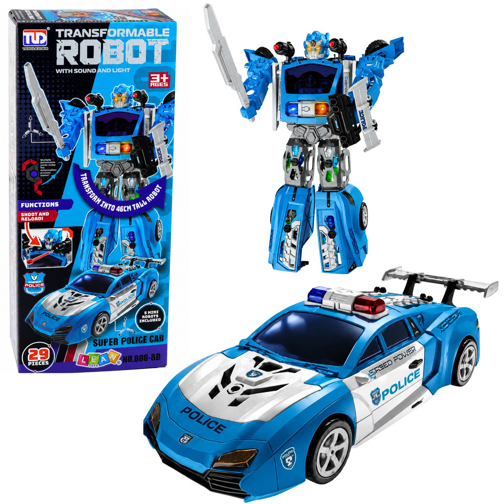 2 az 1-ben rendőrautó és robot fénnyel, hanggal, kilövővel, 29 elem