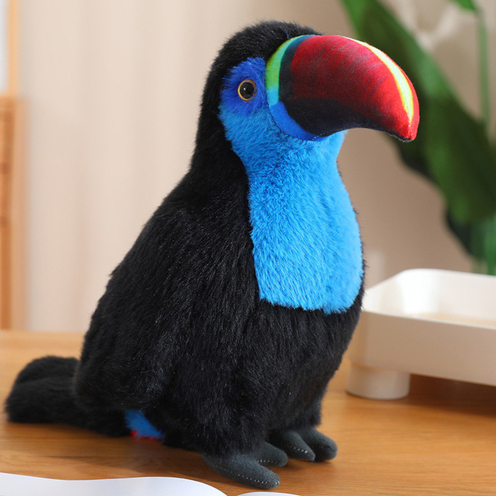 Fekete-kék plüss tukán madárfigura, 30 cm