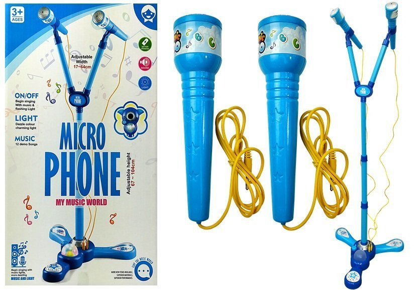 Kék karaoke mikrofonállvány két mikrofonnal és 12 dallal