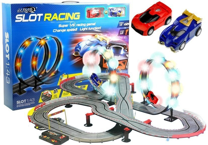 Slot Car versenypálya 2 autóval, hurkokkal és LED-fénnyel