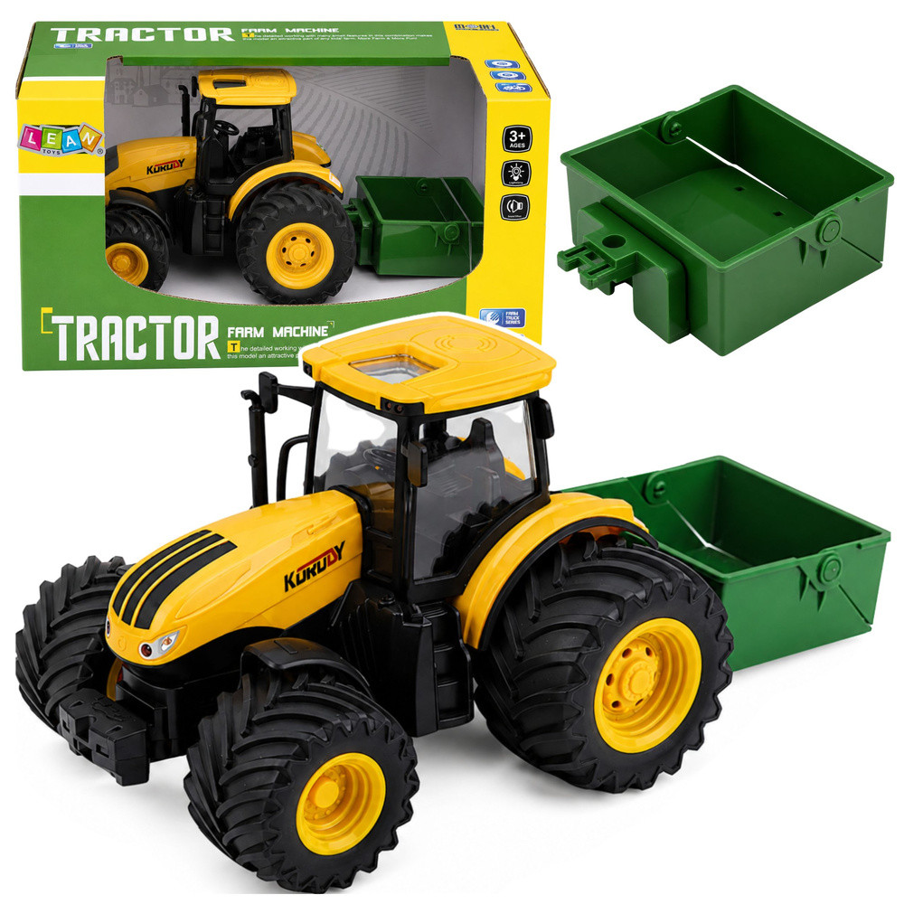 Sárga traktor műtrágyaszóróval, fénnyel és hanggal, 1:24