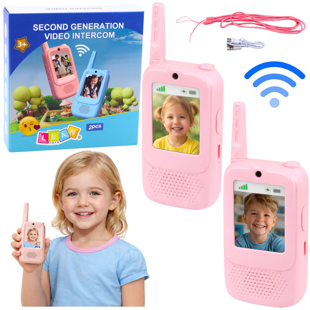 Rózsaszín videós walkie-talkie pár kamerával, USB-C töltéssel