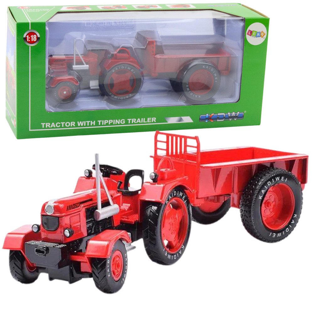Piros fém játék traktor pótkocsival, 1:18