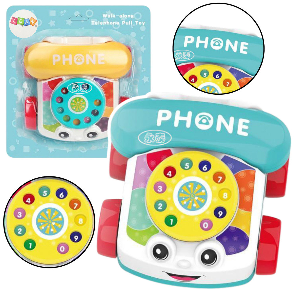 Színes, húzható játéktelefon kerekekkel