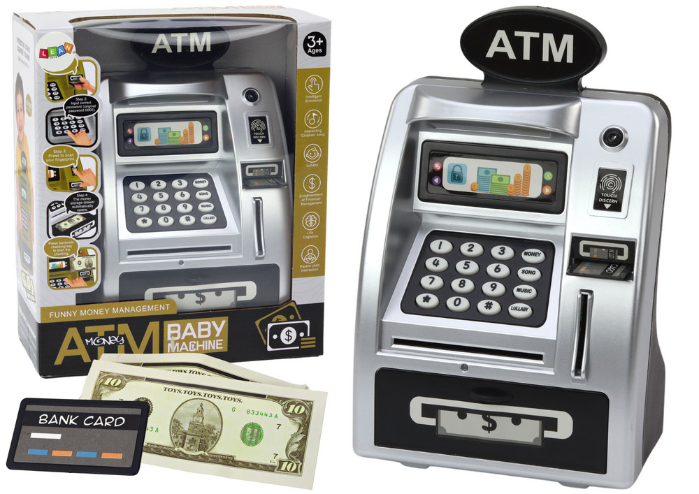 Bankautomata persely kártyával – ezüst és fekete
