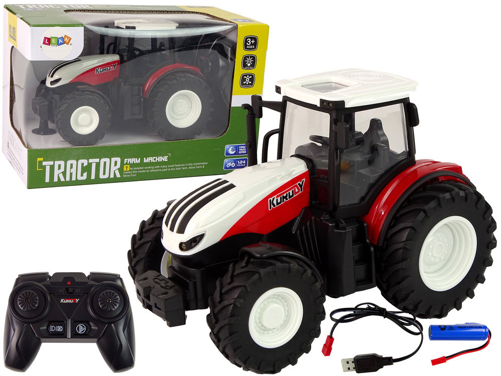 Távirányítós piros traktor fehér tetővel, 2,4 GHz, 1:24