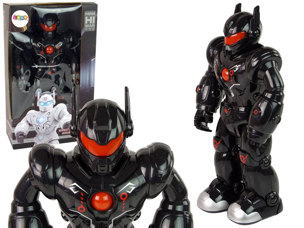 Fekete lépegető interaktív robot hanggal és LED-fénnyel