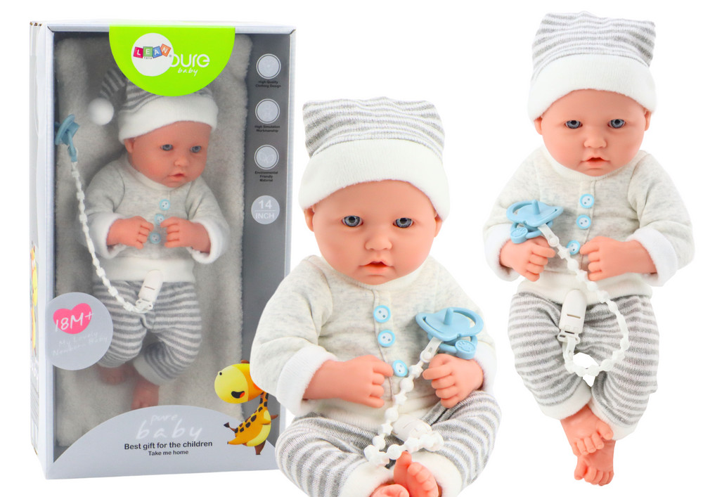 Csecsemőbaba fehér-szürke csíkos ruhában, cumival – 35 cm