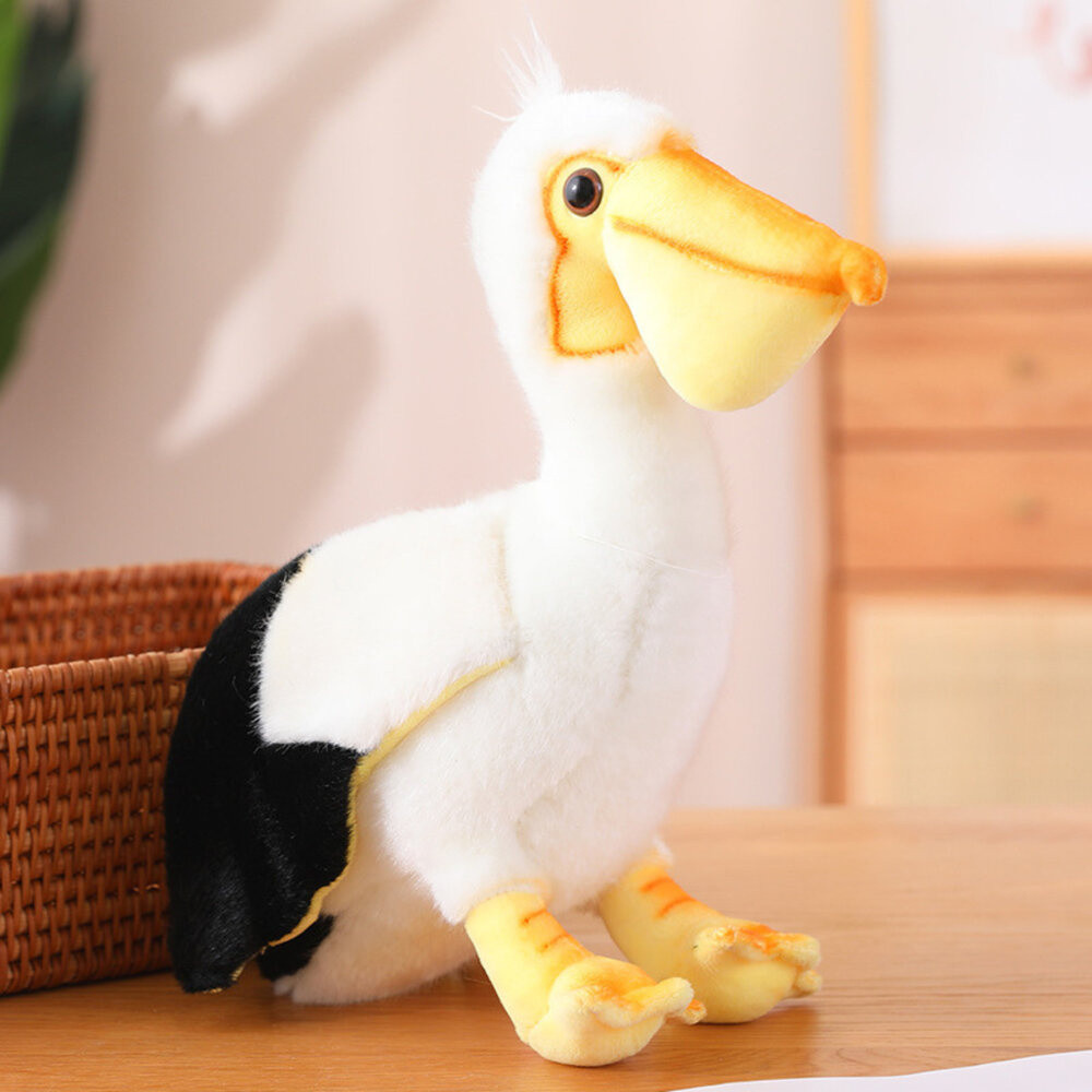 Plüss pelikán madárfigura, fehér-fekete, 24 cm