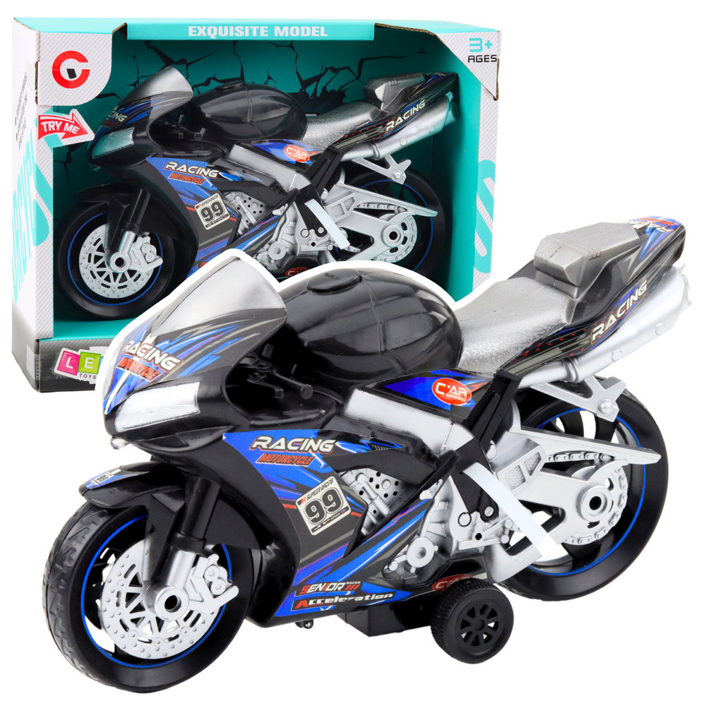 Fekete-kék játék versenymotor fénnyel és hanggal