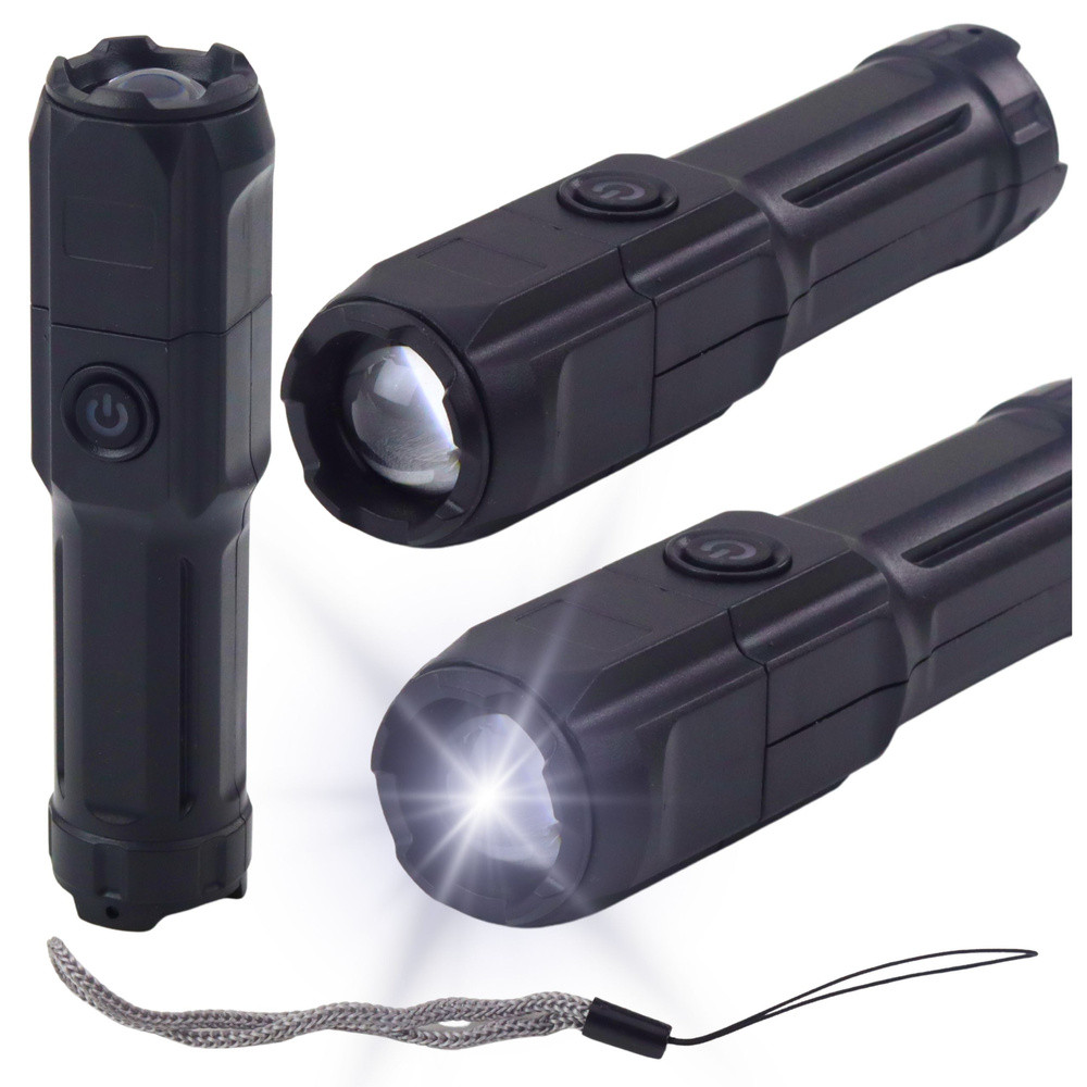 USB-tölthető LED zseblámpa zoommal, 3 mód, fekete
