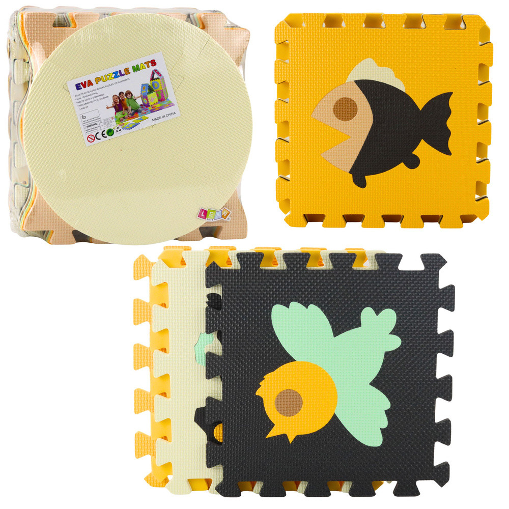 Puha EVA puzzle játszószőnyeg, állatos, 16 darab, barna, zöld, narancssárga, bézs és fekete