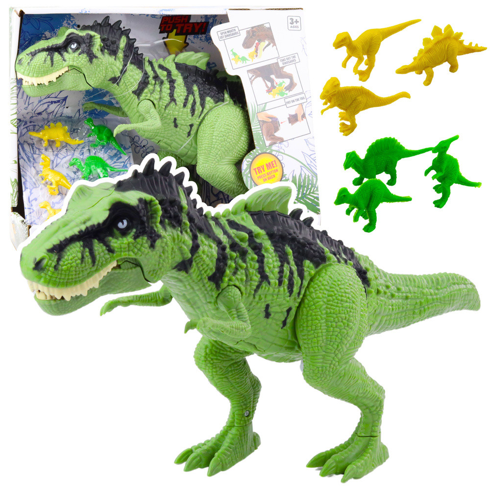 Zöld dinoszaurusz hanggal és kis figurákkal