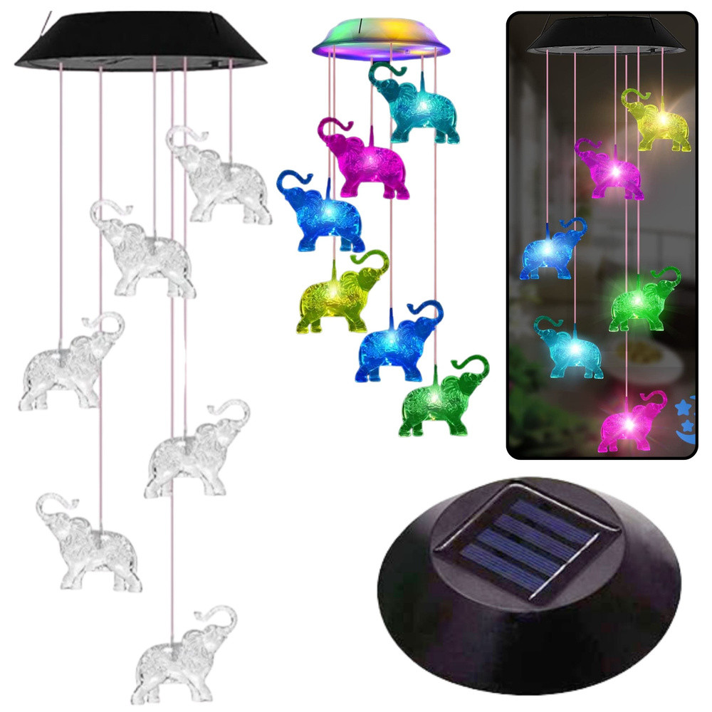 Elefántos függő napelemes RGB LED-kerti lámpa, 70 cm