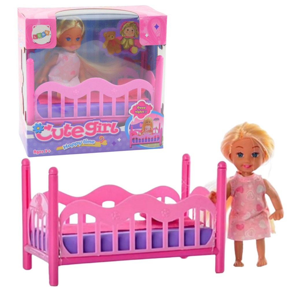 Mini baba rózsaszín kisággyal, matraccal és takaróval