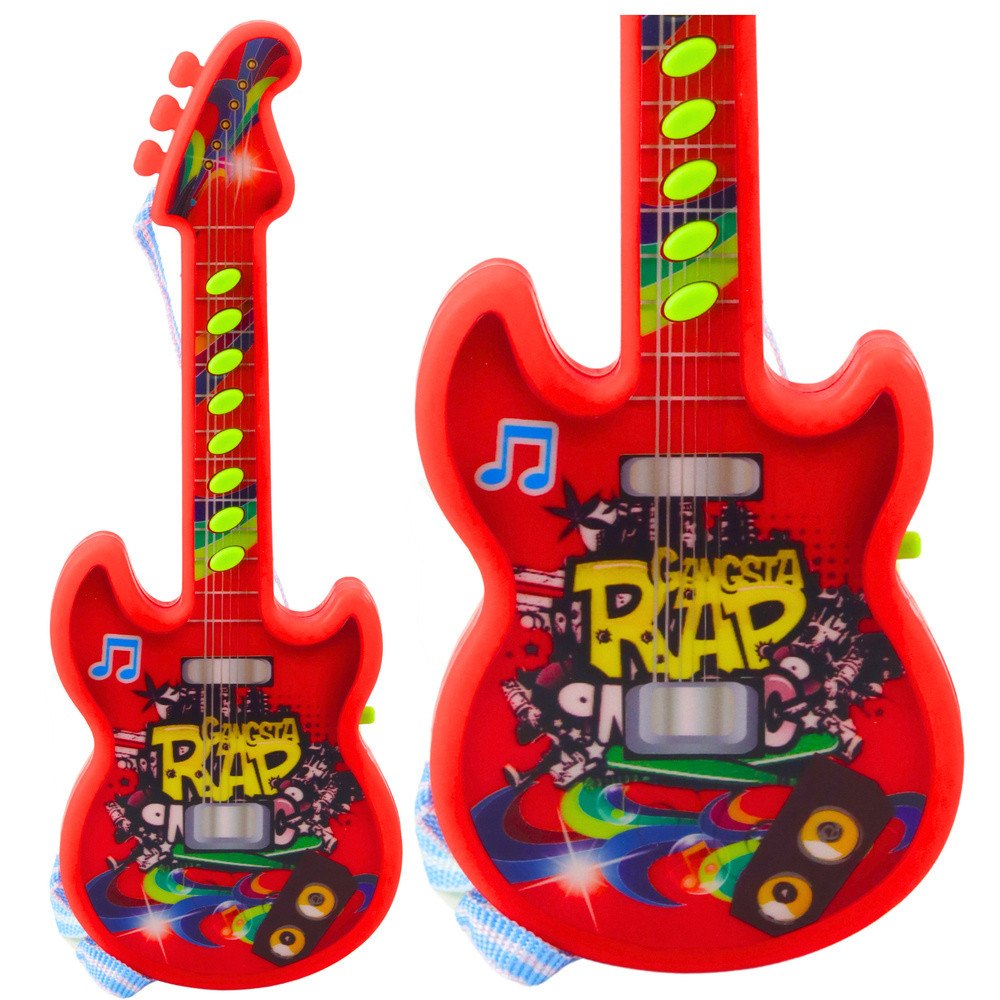 Dallamokat játszó játék gitár vállpánttal, piros, 29 cm