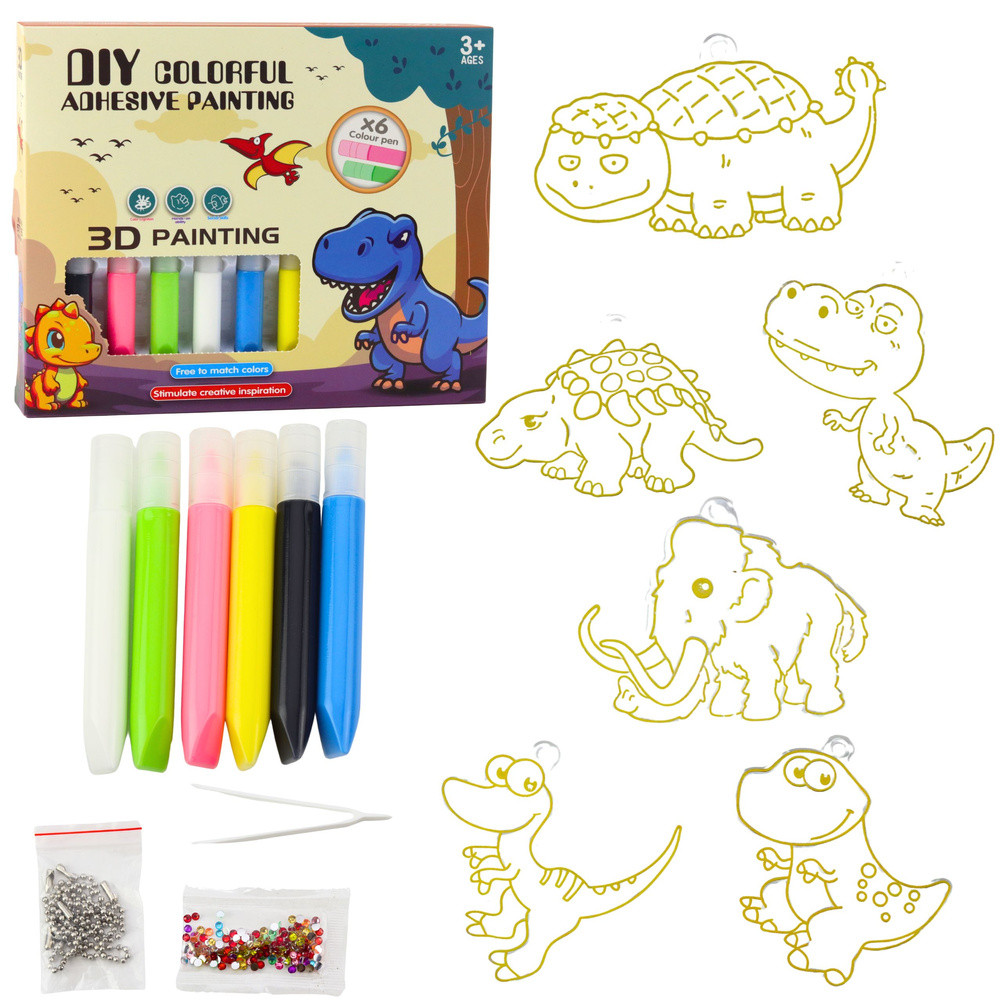 Dinoszauruszos üvegfestmény hatású kulcstartók, 6 db