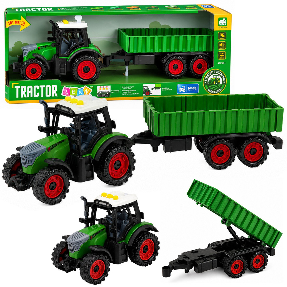 Zöld traktor pótkocsival, fénnyel és hanggal, 35 cm