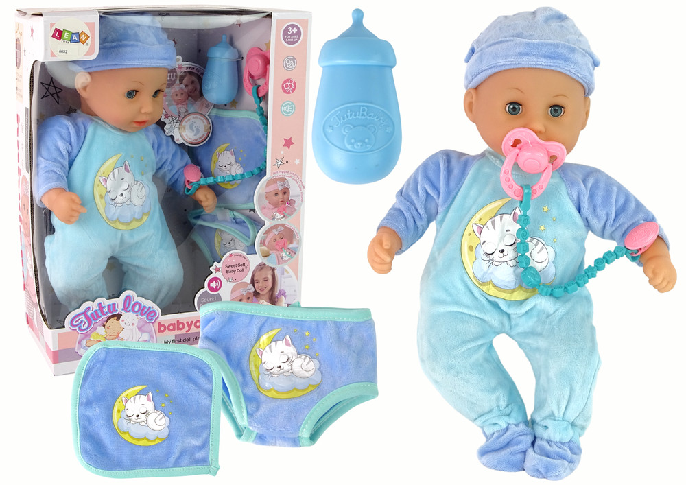 Hangot adó csecsemőbaba kék cicás pizsamában – 38 cm