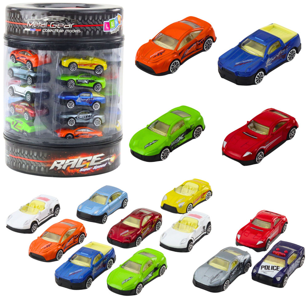 Modern sportautó-készlet átlátszó tárolóhengerben, 1:64, 25 darab